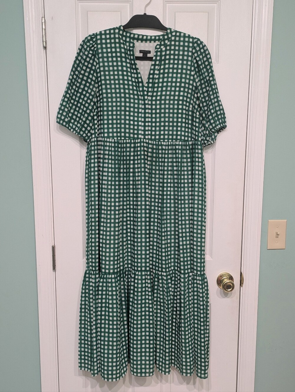 Ann Taylor Green Gingham Tiered Maxi Dress